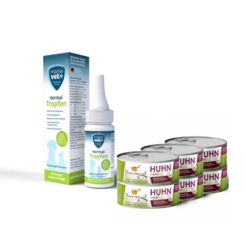 I love my cat Vermal Set für Katzen Marsavet Vermal Tropfen 50 ml + Nassfutter mit Huhn 6×100 g