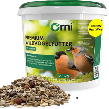 Weißer Orni‑Eimer 5 kg 'PREMIUM WILDVOGELFUTTER' mit Vogelabbildungen, gelbem Badge 'deutsche Herstellung' und Samen.