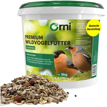 Weißer Orni‑Eimer 5 kg 'PREMIUM WILDVOGELFUTTER' mit Vogelabbildungen, gelbem Badge 'deutsche Herstellung' und Samen.