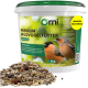 Weißer Orni‑Eimer 5 kg 'PREMIUM WILDVOGELFUTTER' mit Vogelabbildungen, gelbem Badge 'deutsche Herstellung' und Samen.