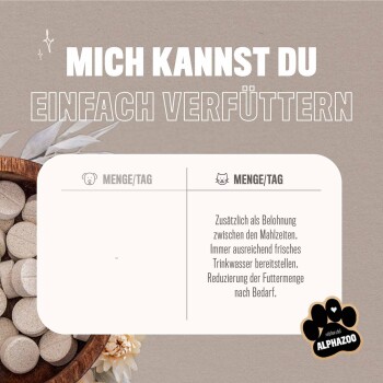 Bild eines Haustierfutterprodukts, das eine Schüssel mit Tabletten und deutschen Text zu täglichen Fütterungsmengen und Anwendungshinweisen für Hunde und Katzen zeigt.