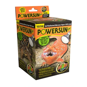 PowerSun UV 160 W Box der Powersun UV-Lampe, 160W, mit Bildern einer Schildkröte und eines Bartagamen, mit Text, der die Vorteile für Reptilien hervorhebt.