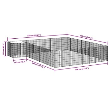 3D-Diagramm eines großen L-förmigen Outdoor-Haustierauslaufs mit den Maßen 550x550x440x440x110 cm.