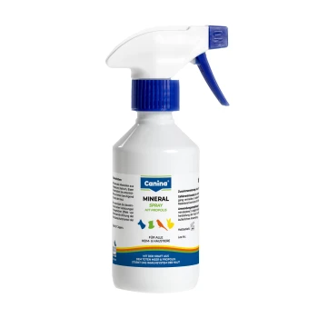 Weiße Sprühflasche mit blauem Sprühkopf, beschriftet mit 'Canina Mineral Spray mit Propolis', mit bunten Tier-Icons und 'Für alle Heim- & Haustiere'.