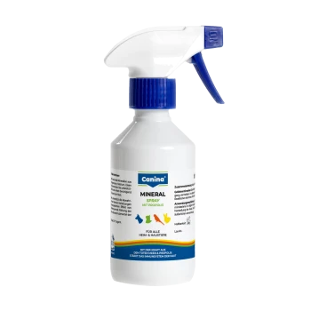 Weiße Sprühflasche mit blauem Sprühkopf, beschriftet mit 'Canina Mineral Spray mit Propolis', mit bunten Tier-Icons und 'Für alle Heim- & Haustiere'.