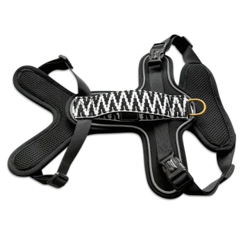 Premium Geschirr Gepolstert mit Reflektoren und Haltegriff schwarz/ weiß XS Schwarz-weiß gemustertes Hundegeschirr mit verstellbaren Riemen und einem Metall-D-Ring zur Leinenbefestigung.