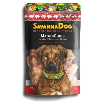 Magen Chips vom südafrikanischen Strauß 150 g Verpackung von SavannaDog MagenChips mit einem braunen Hund und einem bunten Halsband, beschriftet mit "Hypoallergen & Getreidefrei", 150g.