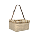 Eine beige Tragetasche für Haustiere mit einem gesteppte Außenseite und einem karierten Innenraum, ausgestattet mit einem braunen, verstellbaren Gurt für einfaches Tragen.