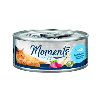 Katzenfutterdose mit einem goldenen Tab, mit einer sich entspannenden orangefarbenen Katze, rosa Thunfischstücken und dem Text "Momente zum Genießen" und "Pazifischer Thunfisch."
