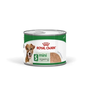 Royal Canin Mini Ageing Hundefutterdose, mit einem grün-weißen Design, gekennzeichnet für kleine Hunde bis 10 kg.