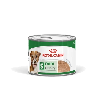 Royal Canin Mini Ageing Hundefutterdose, mit einem grün-weißen Design, gekennzeichnet für kleine Hunde bis 10 kg.