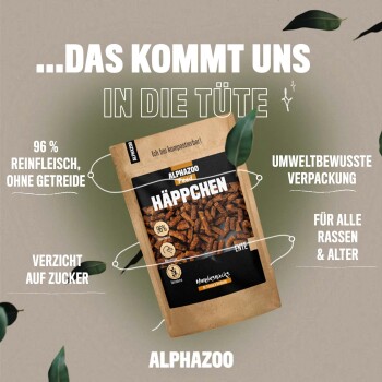 Tüte mit Hundesnacks von Alphazoo, 96% reines Fleisch, ohne Getreide, zuckerfrei, umweltbewusste Verpackung, für alle Rassen und Altersgruppen.