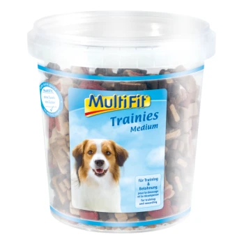 Contenant de friandises pour chiens Medium MultiFit Trainies, présentant un mélange de croquettes et de morceaux tendres, étiqueté pour l'entraînement et la récompense.