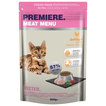 Katzenfutterverpackung mit einem verspielten Kätzchen, "Premiere. Fleischmenü," hebt "57% Geflügel," Informationen zum optimalen Wachstum, Trockenfutter und frisches Fleisch hervor. 300g.