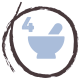 Symbol eines Mörsers und eines Stößels mit der Zahl "4" darüber, in einem kreisförmigen braunen Umriss, was auf einen Fokus auf Haustierergänzungen oder Medikamente hindeutet.