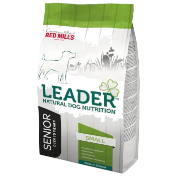 Bag of Leader Natural Dog Nutrition for seniors, featuring a green top, dog silhouette, and text highlighting chicken as the main ingredient.