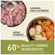 Bild von Zutaten für Haustierfutter mit rohem Hähnchen, wildem Flunder, Apfel und Kürbis, mit dem Text "60% QUALITÄT TIERISCHER ZUTATEN."