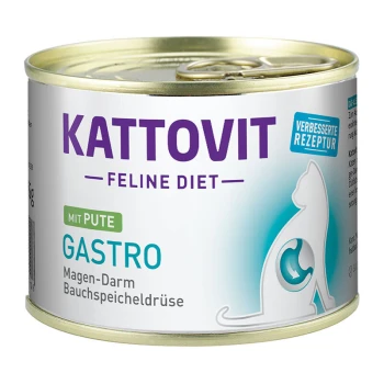 Feline Diet Nassfutter Katze Gastro Adult Pute 12x185 g Kattovit Feline Diet Dosenkatzenfutter mit Truthahn, gekennzeichnet mit 'Gastro' für die Verdauungsgesundheit, mit einer Silhouette einer Katze.