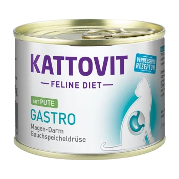 Kattovit Feline Diet puszkowana karma dla kotów z indykiem, oznaczona "Gastro" dla zdrowia układu pokarmowego, z sylwetką kota.