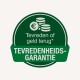 Groene badge met de tekst 'Tevreden of geld terug*' en 'TEVREDENHEIDSGARANTIE', met een euro-muntenicoon.