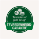 Groene badge met de tekst 'Tevreden of geld terug*' en 'TEVREDENHEIDSGARANTIE', met een euro-muntenicoon.