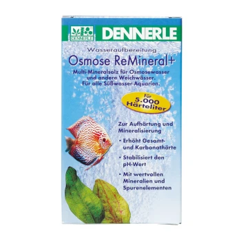 Box mit Dennerle Osmose ReMineral+, einem Mehrmineral-Salz für Süßwasseraquarien, mit einem bunten Fisch und Wasserpflanzen.