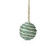 A striped ball toy for pets, made of twine in teal and cream colors, hanging from a string against a white background.