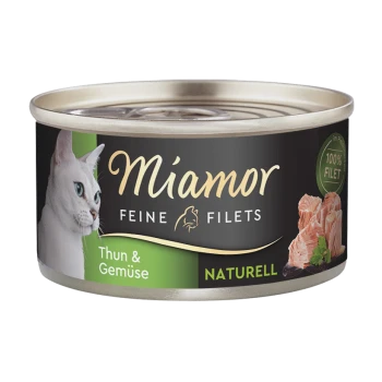 Dose Katzenfutter, beschriftet mit "Miamor Feine Filets", mit einer weißen Katze auf der Vorderseite, mit "Thun & Gemüse" und "100% Filet" Text.