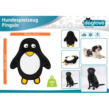 Hundespielzeug in Form eines Pinguins, 30,5 cm (12 Zoll) groß und 200 g schwer, mit Bildern von Hunden, die damit spielen.