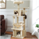 Ein beiger Kratzbaum für Katzen mit mehreren Ebenen und Kratzpfosten, mit einer flauschigen Katze, die auf einer oberen Plattform entspannt, und einer anderen Katze, die aus einem unteren Fach schaut.