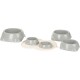 Set of four gray pet bowls in varying sizes, arranged on a light-colored mat with paw print designs.