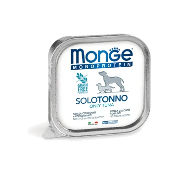 Monge Monoprotein Haustierfutterverpackung mit "Solotonno Only Tuna", als getreidefrei gekennzeichnet, ohne Farbstoffe oder Konservierungsstoffe und ohne Zuckerzusatz.