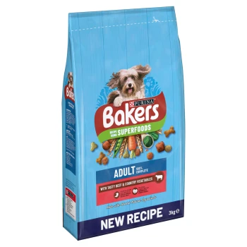 Adult Beef & Vegetables 3 kg Bakers Superfoods dog food bag featuring a playful dog, labeled "Adult 100% Complete" with "tasty beef & country vegetables," 3kg.