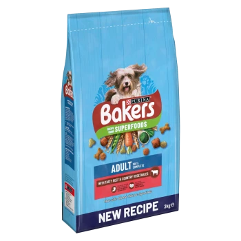Bakers Superfoods dog food bag featuring a playful dog, labeled "Adult 100% Complete" with "tasty beef & country vegetables," 3kg.