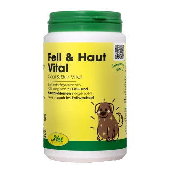 Ein grüner und gelber Behälter mit der Aufschrift 'cdVet Fell & Haut Vital' für die Gesundheit von Haustierfell und -haut, mit dem Hinweis auf 100% natürliche Inhaltsstoffe.