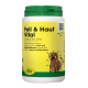 Ein grüner und gelber Behälter mit der Aufschrift 'cdVet Fell & Haut Vital' für die Gesundheit von Haustierfell und -haut, mit dem Hinweis auf 100% natürliche Inhaltsstoffe.