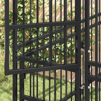 Schwarzer Metallhaustierkäfig mit vertikalen Stäben und mehreren Ebenen, entworfen für eine sichere Unterbringung von Haustieren.