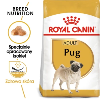 Worek karmy dla psów Royal Canin Adult Pug z ilustracją pugs, z tekstem podkreślającym odżywianie rasy i korzyści dla zdrowej skóry.