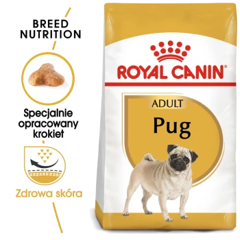 Worek karmy dla psów Royal Canin Adult Pug z ilustracją pugs, z tekstem podkreślającym odżywianie rasy i korzyści dla zdrowej skóry.