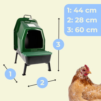 Grüne erhöhte Kunststoff-Hühnernestbox auf Beinen mit brauner Henne; blaue Größenangaben: '1: 44 cm 2: 28 cm 3: 60 cm'.