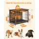 Holz-Haustierkäfig geeignet für Haustiere bis 20 kg, Abmessungen beschriftet: 76 cm x 82,5 cm x 64 cm, mit drei Hunden darunter.