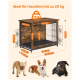 Holz-Haustierkäfig geeignet für Haustiere bis 20 kg, Abmessungen beschriftet: 76 cm x 82,5 cm x 64 cm, mit drei Hunden darunter.