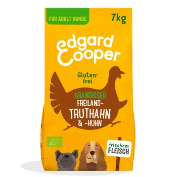 Hundefutterbeutel mit der Marke "edgard Cooper", gekennzeichnet als glutenfrei, mit einem Gewicht von 7 kg und Illustrationen von Truthahn und Huhn.