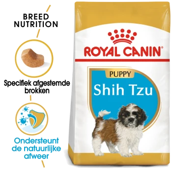 Royal Canin Puppy Shih Tzu hondenvoerzak met een illustratie van een kleine Shih Tzu puppy, met tekst over voeding voor het ras en immuunondersteuning.