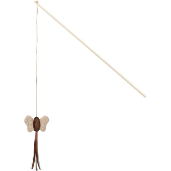 Spielzeug Angel Natur Schmetterling 50 cm Ein Katzenspielzeug mit einem schmetterlingsförmigen Plüsch aus braunem und beigem Stoff, der mit einer Schnur an einem langen Holzstock befestigt ist.