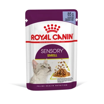 Royal Canin Sensory Smell kattenvoer zakje, 85g, met een kattengezicht en stukjes in gelei, ter bevordering van de voeding voor kattengezondheid.