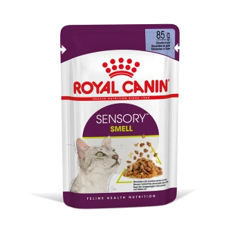 Royal Canin Sensory Smell kattenvoer zakje, 85g, met een kattengezicht en stukjes in gelei, ter bevordering van de voeding voor kattengezondheid.