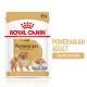 Royal Canin Pomeranian Adult hondenvoer zakje, 85g, met een illustratie van een fluffy Pomeranian en tekst 'Bone & Joint Support.'
