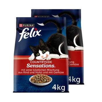 Zwei 4-kg-Beutel Purina Felix Countryside Sensations Katzenfutter mit einer schwarz-weißen Katzenillustration und einer Schale mit Trockenfutter.