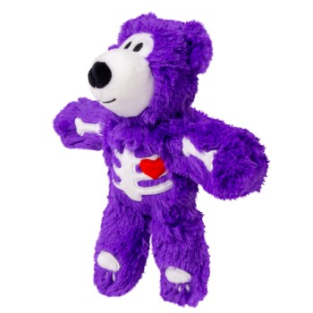 Purple plush pet toy bear with white skeleton bones, red heart on chest and white paw pads